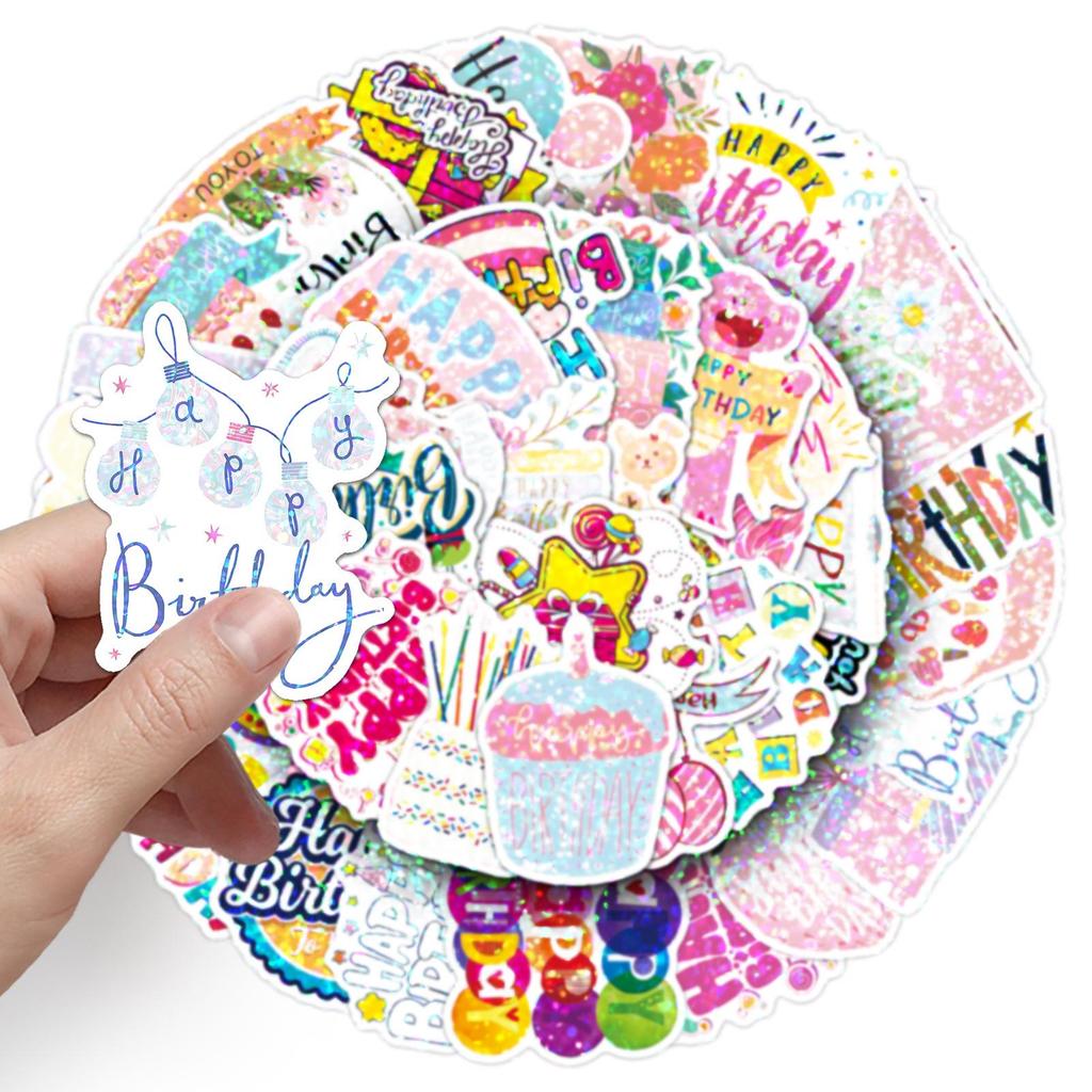 50 Waterproof Laser Happy Birthday Stickers: Colorful Decoration for Notebooks, Phones, and Stationery