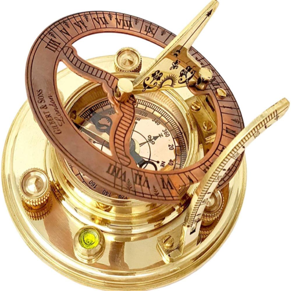Busolă din alamă antică cu cadran solar cu carcasă din piele – 10,16 cm