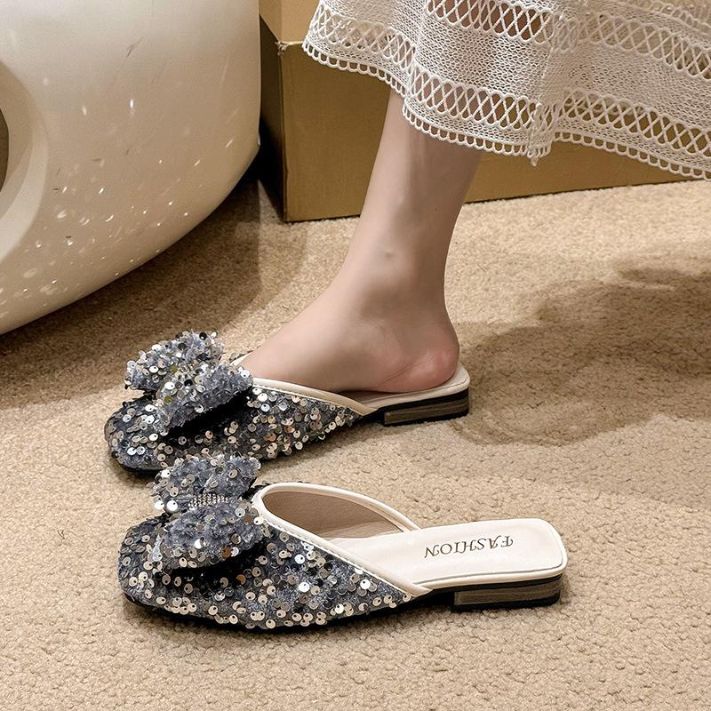 Bow-wrapped Head Half Slippers Women Summer Wear New Casual Slip-on Fashion Sequin Slippers
