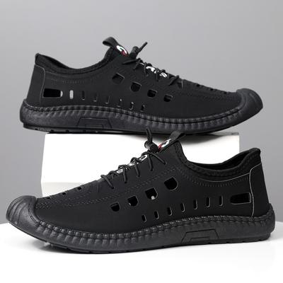Men's Sandals Summer Beach Shoes Soft Leather Black Sole Sports Shoes Breathable Hollow One Pedal Casual Hole Shoes