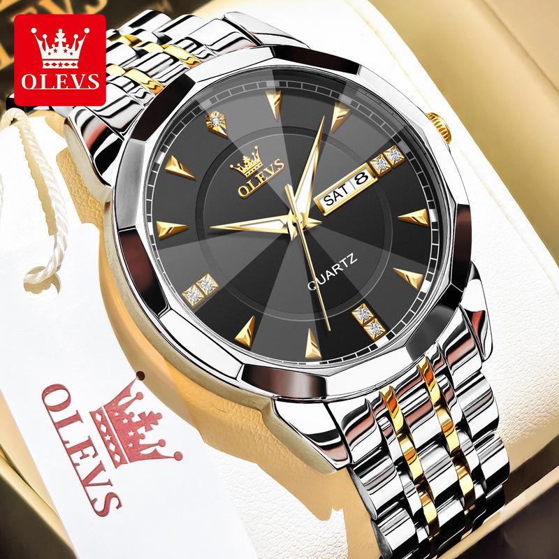 

Мужские водонепроницаемые кварцевые часы OLEVS с бриллиантовыми акцентами, календарем дня и даты и стальным браслетом.