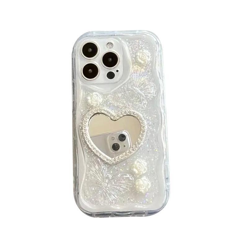For IPhone17promax Epoxy Love Rhinestone Mirror Phone Case for Apple 15plus Butterfly Flower 16