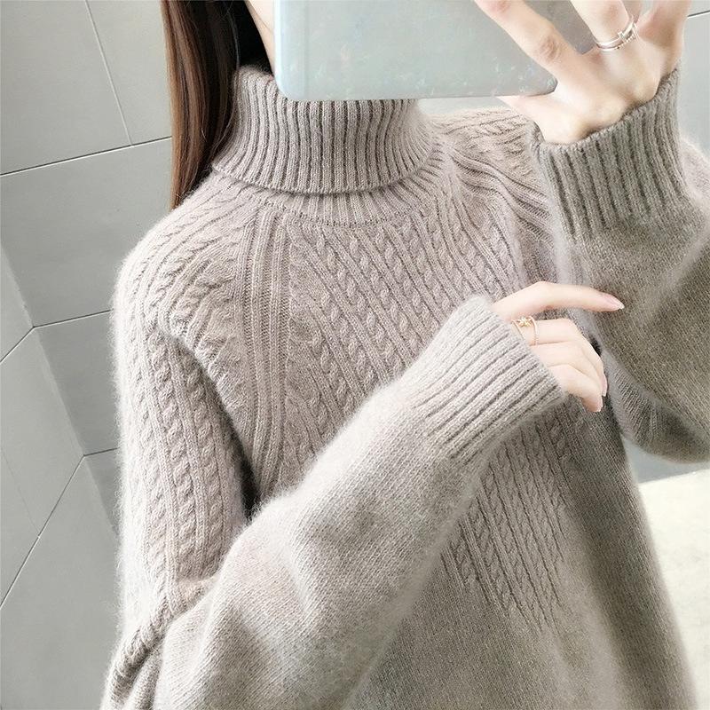 Women's  Knitted Loose Pullover Sweater Thickened Sweater High Collar Shirt Solid Color Autumn/Winter