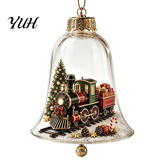 Vintage Christmas Tree Decor 3D Bell Ornament, Winter Scene Clear Decoration with Santa Holiday Home Atmosphere Enhancements Snowman Reindeer