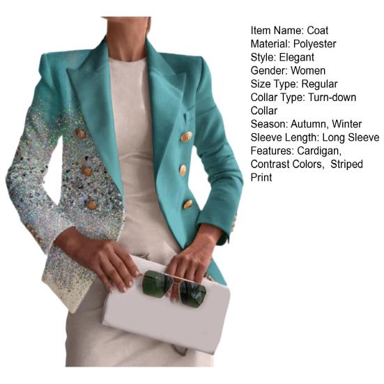 Women Blazer Right-angle Shoulder Double Breasted Long Sleeves OL Style Lapel Dress Up Cardigan Striped Print Lady Coat for Work