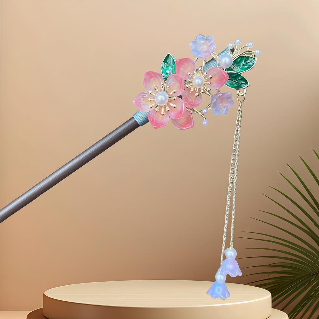 Exquisite Flower Tassel Wooden Hairpin Retro Chinese Style Handmade Floral Hair Stick Vintage Girls Women Hanfu Hair Accessories