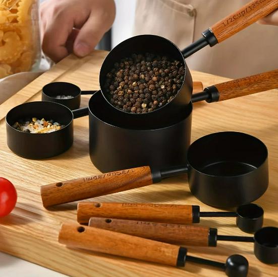 8-Piece Stainless Steel Measuring Cups & Spoons Set with Acacia Wood Handles for Baking & Coffee Seasoning