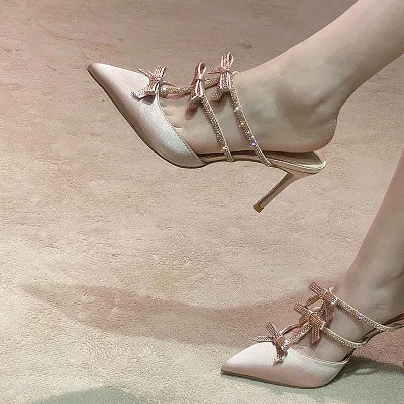 

2025 summer new champagne bow rhinestone high heels femininity socialite banquet princess bag head single shoes 34