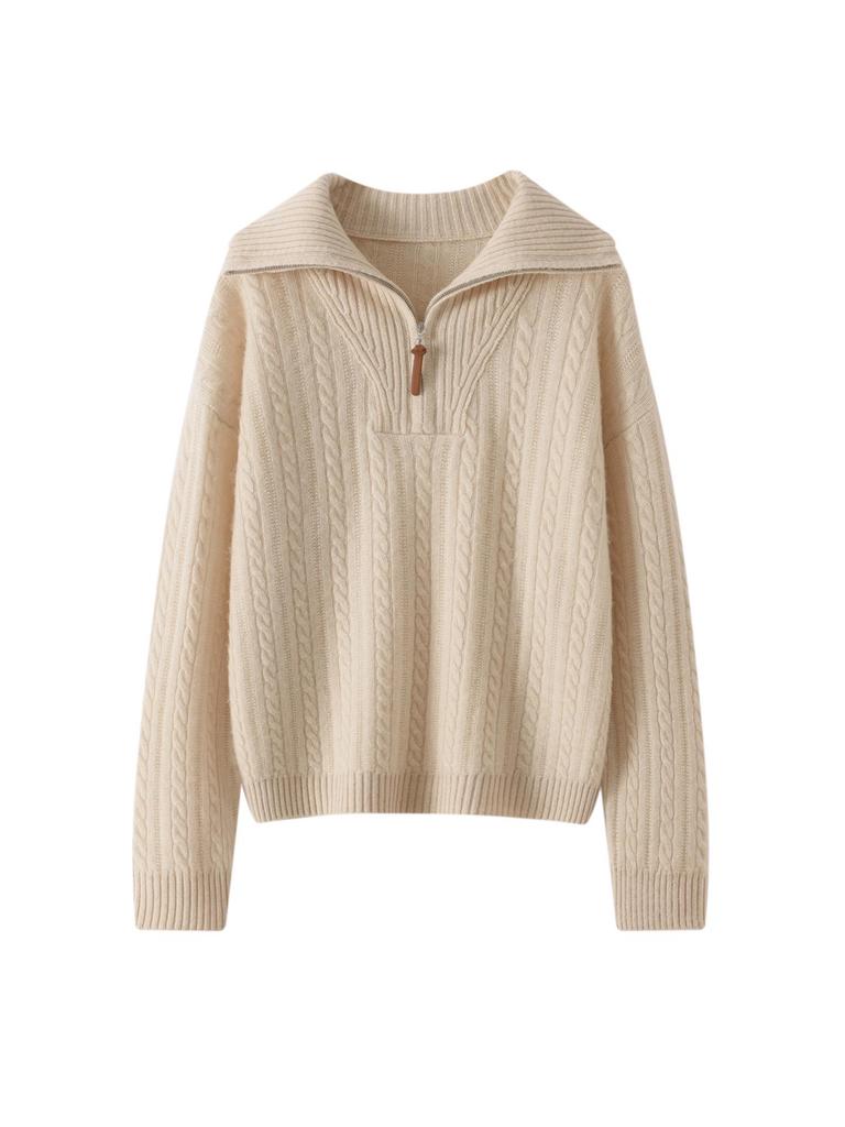 Women's Thickened Cashmere Cable Knit Half-Zip Lapel Sweater - Autumn/Winter Casual Trend