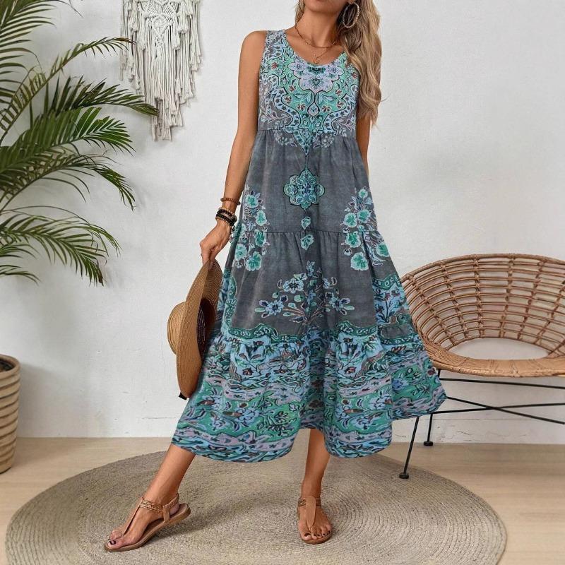 Robe d'été pour femme Nouvelle imprimée sans manches col en V Vacances à la plage Robe longue pour femme Mode Vintage col rond Décontractée ample Bohème pour femme Robes