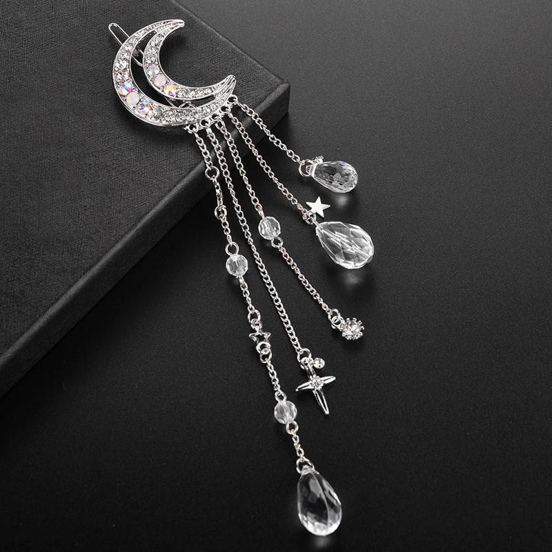 Women s crescent moon and star tassel hair clip, rhinestone and crystal moon and star girly side clip серебряный