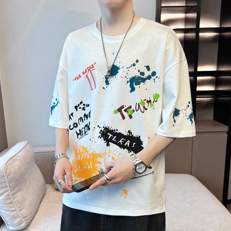 Camiseta de Verano para Hombre Streetwear Manga Corta Holgada Estampada Estudiante Casual Top Media Manga Cuello Redondo Camiseta de Marca