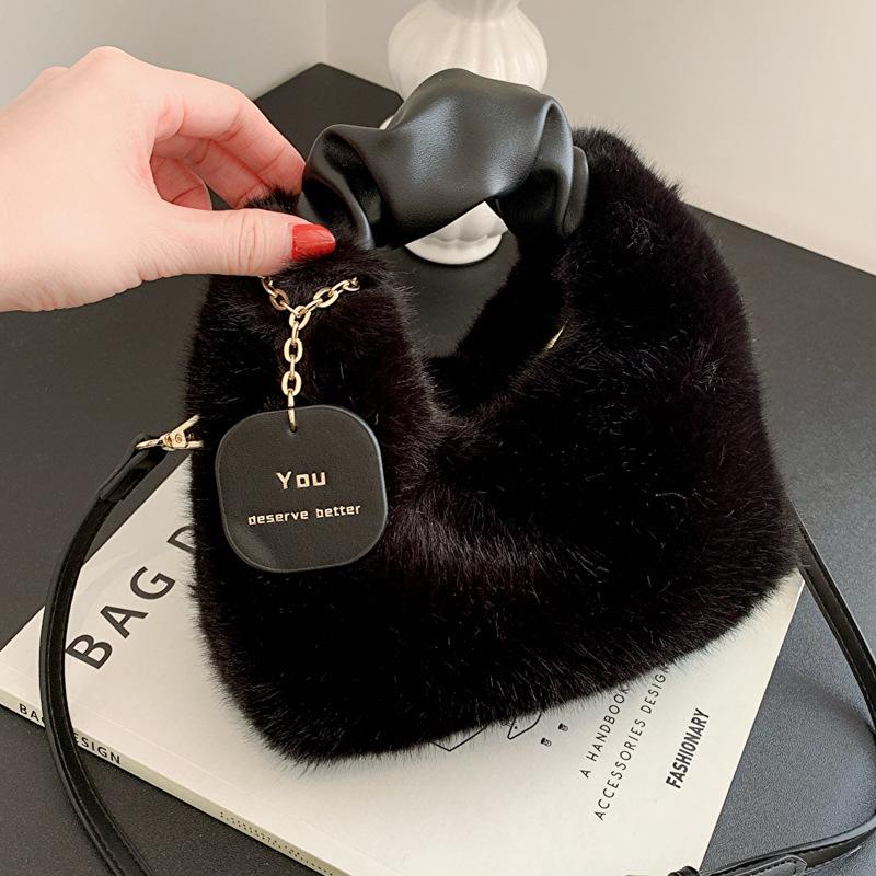 Women Faux Fur Soft Plush Handbags Ruched Handle Small Shoulder Crossbody Bag Casual Fluffy Totes Purse Winter Bags For Women