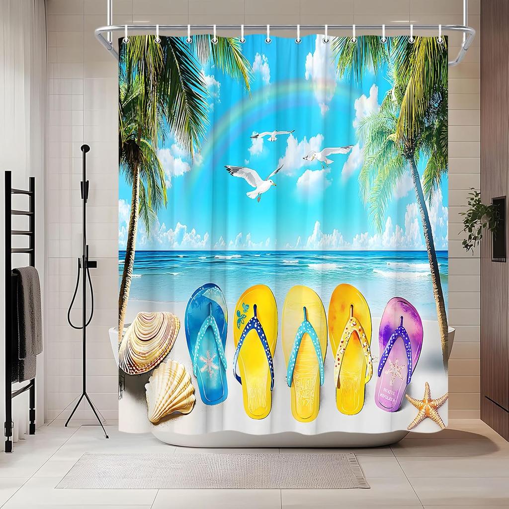 Beach Flip Flops Shower Curtain Summer Tropical Hawaii Ocean Coastal Palm Tree Rainbow Shell Starfish Seagull Seaside Natural