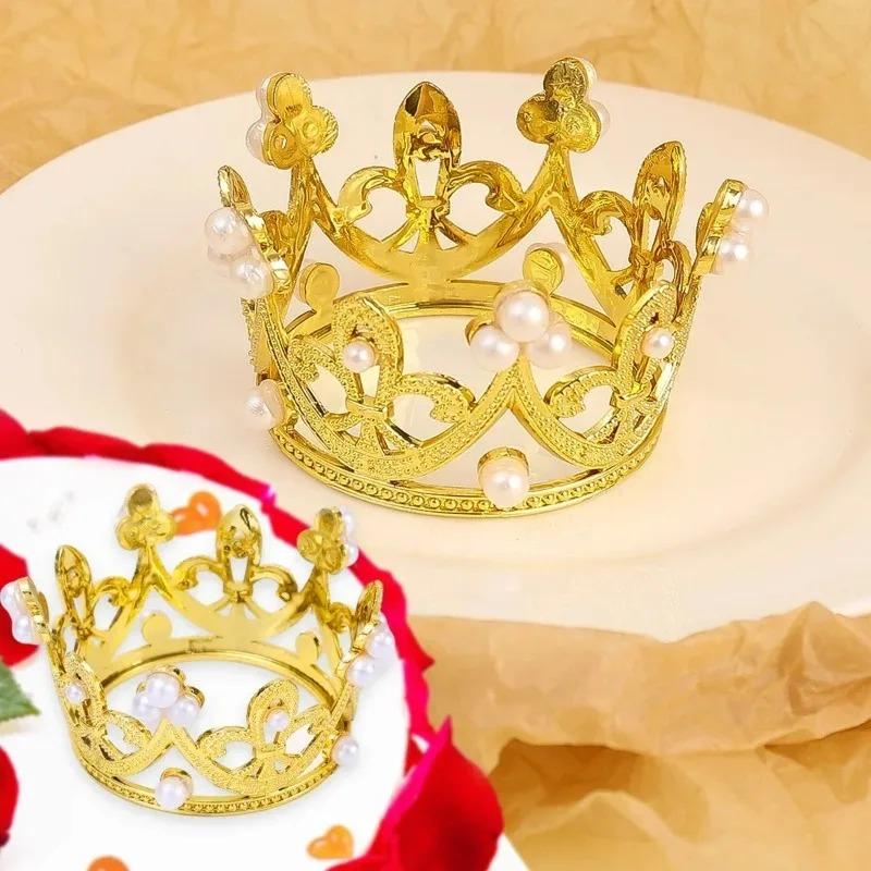 Mini Pearl Crown Cake Decoration Gold Silver Cupcake Topper Kids Hair Ornaments DIY Cake Baking Birthday Party Favors Supplies