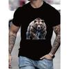 European Sizes Men's Black Short-Sleeve T-Shirt with Roaring Brown Bear Print – Crew Neck, Lightweight & Breathable