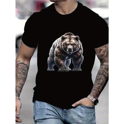 Europäische Größen Herren Schwarz Kurzarm-T-Shirt mit brüllendem braunem Bären-Print – Rundhalsausschnitt, Leicht & Atmungsaktiv