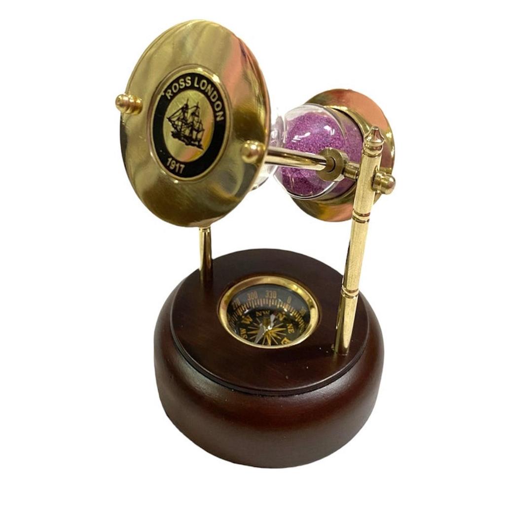 Brass Sand Timer On Wooden Base with Compass/Nautical Maritime Hourglass/Pink Sand Clock/Home & Office Décor