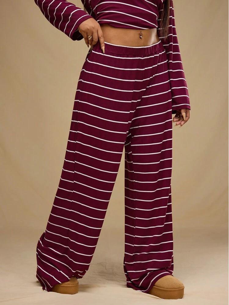 

2025 Winter European & American Casual Loose Striped Wine Red Knit Pants - Plus Size, Comfortable, Lazy Style 5XL