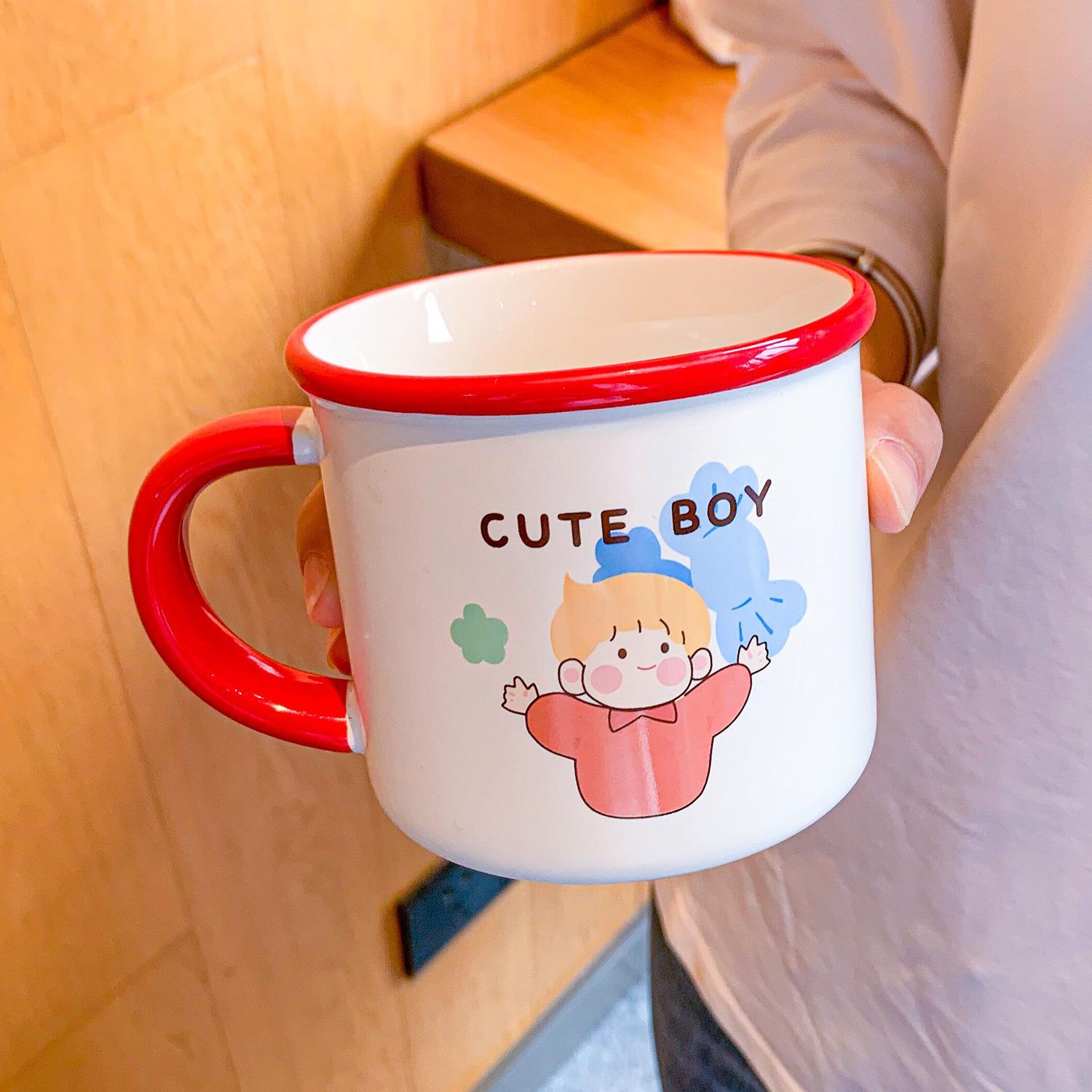 

Mug with Lid Spoon Children s Water Cup Couple with Good Looks and Cute Girls Breakfast Cup Ceramic Cup Pair 301-400ml