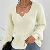 Women's V-Neck Long-Sleeve Ruffle Waist Solid Color Pullover Sweater - European & American Fashion