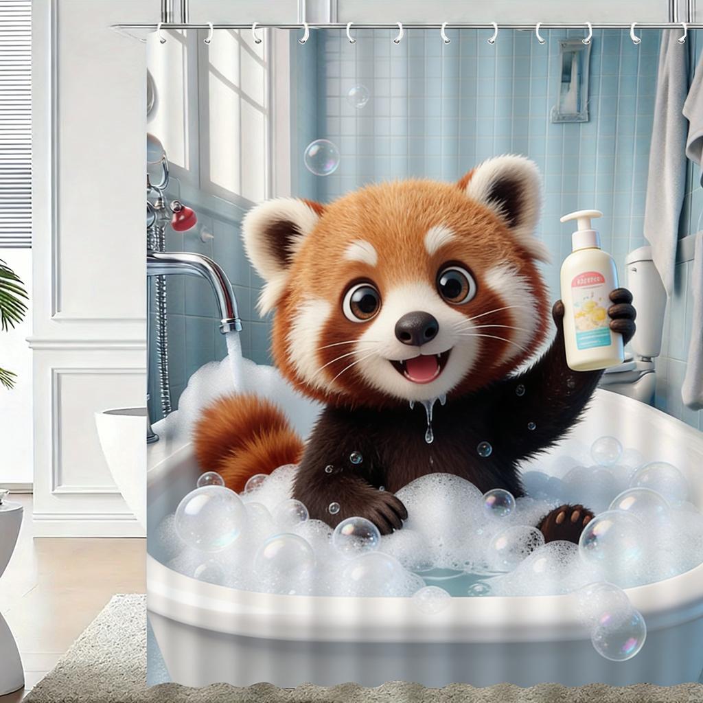 Cute 3D Cartoon Penguin Bathing with Bubbles Waterproof Shower Curtain - Fun Bathroom Decor