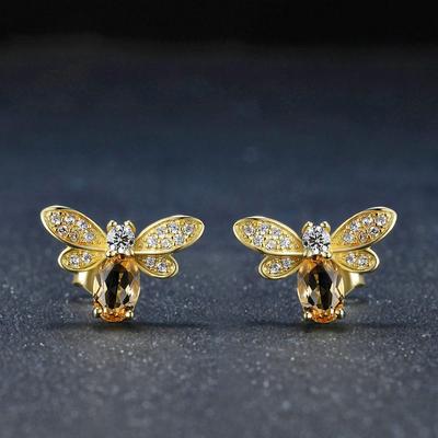 18K Gold Plated Bee Stud Earrings with Golden Zircon for Women