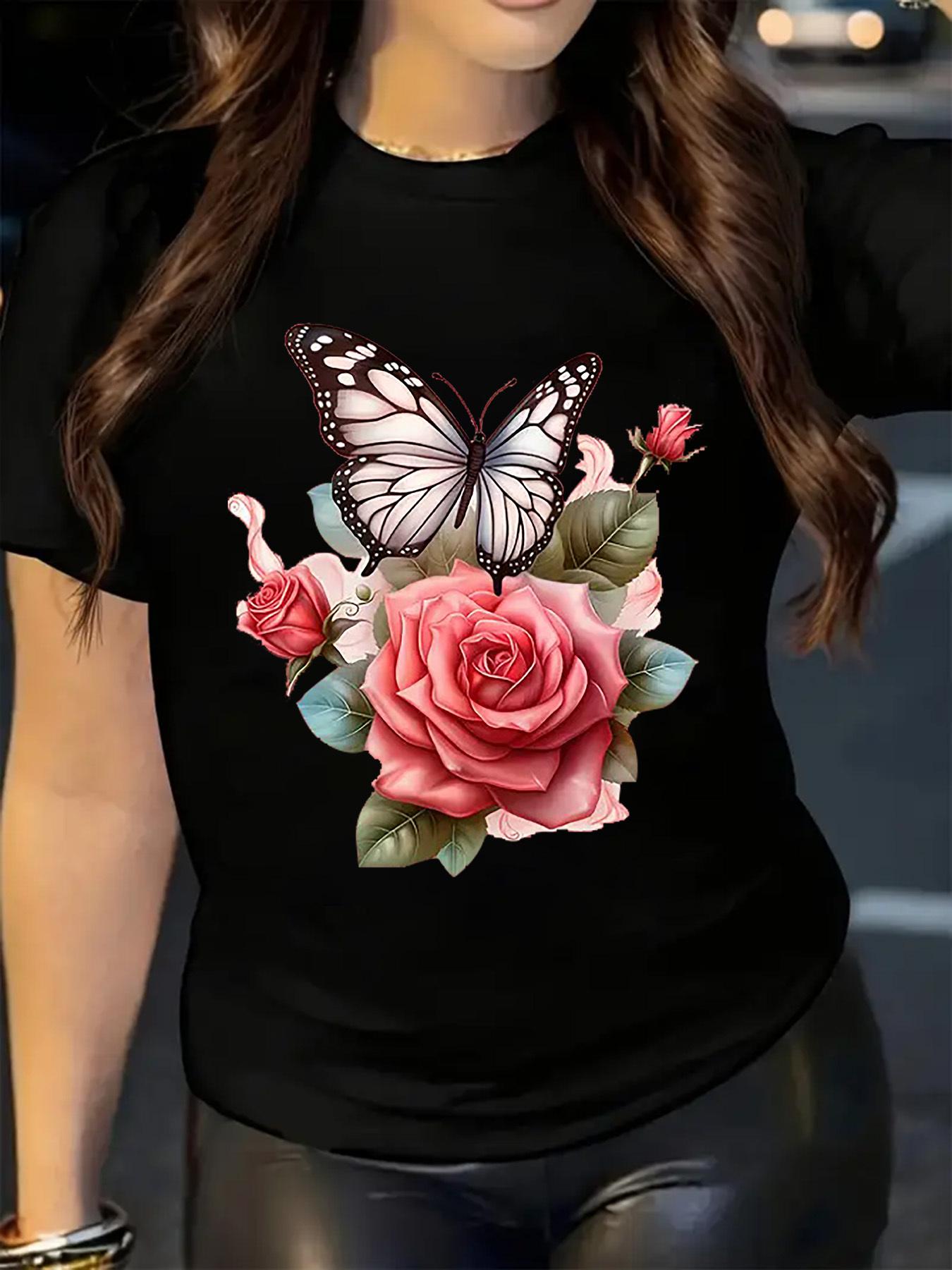 Butterfly Rose Print Women s T-Shirt Casual Round Neck Short Sleeve Tee for Summer Women Daily Casual Tops Clothing S