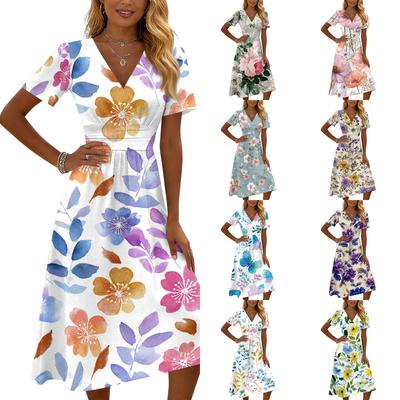 Women's Casual Fashion Floral Print Short-Sleeve V-Neck Dress