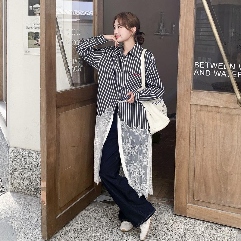 Korean Style Early Autumn 2025 Trendy Striped Lace Patchwork Shirt Dress L белый