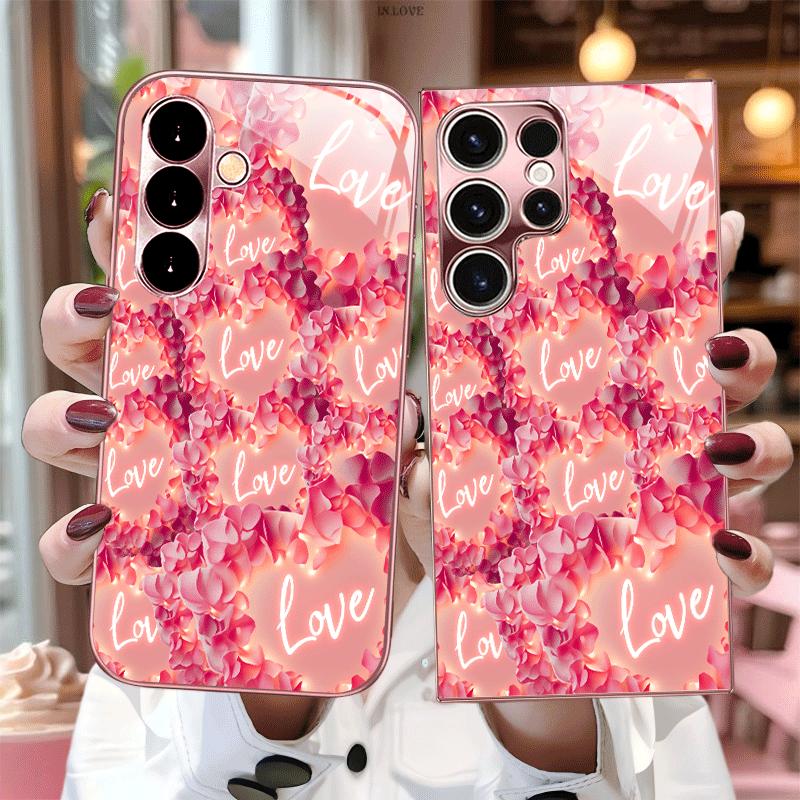Stylish Pink Love Petal fashion phone cases mobile phones Glass phone case for Samsung Galaxy S26 S25 S24 S23 S22 FE Ultra Plus
