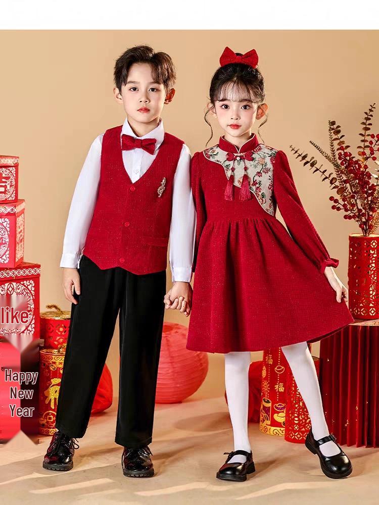 Children's New Year's Red Performance Costume for School Speech and Poetry Competitions