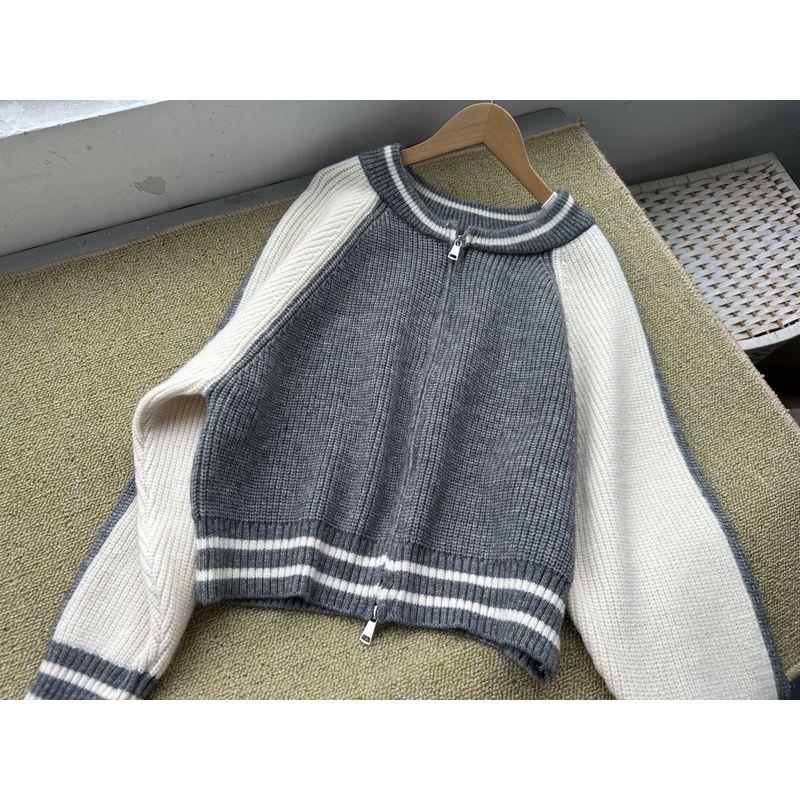 

2z-16 Autumn and Winter Stylish Lazy Fashion Loose Contrast Color Double Zipper Short Knitting Sweater Outwear H25-6 Gray F