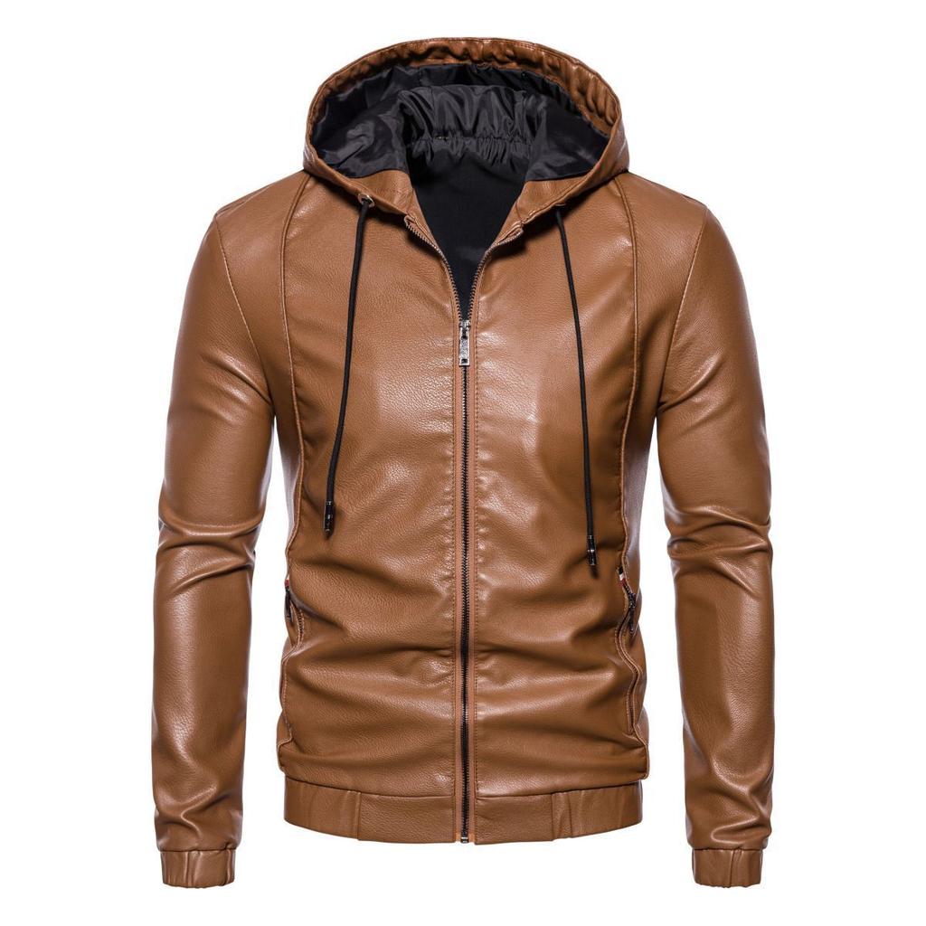 Men's Leather Clothing Autumn and Winter Large Size Solid Color Locomotive Leather Jacket Trendy Hooded Leather Jacket Men's Jacket