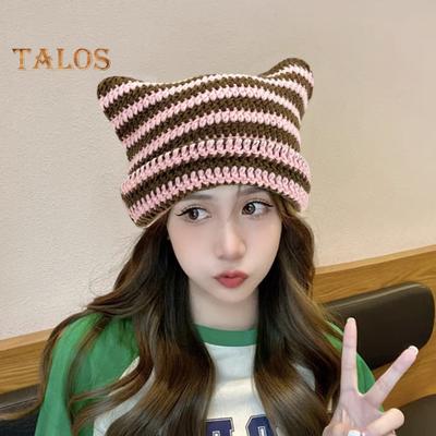 Gorro de invierno para mujer, con diseño de cabeza de gatito, con rayas de colores contrastantes, decoración de bolas de pelo de estrella, gorro de demonio, elástico, resistente al viento, antideslizante, cálido