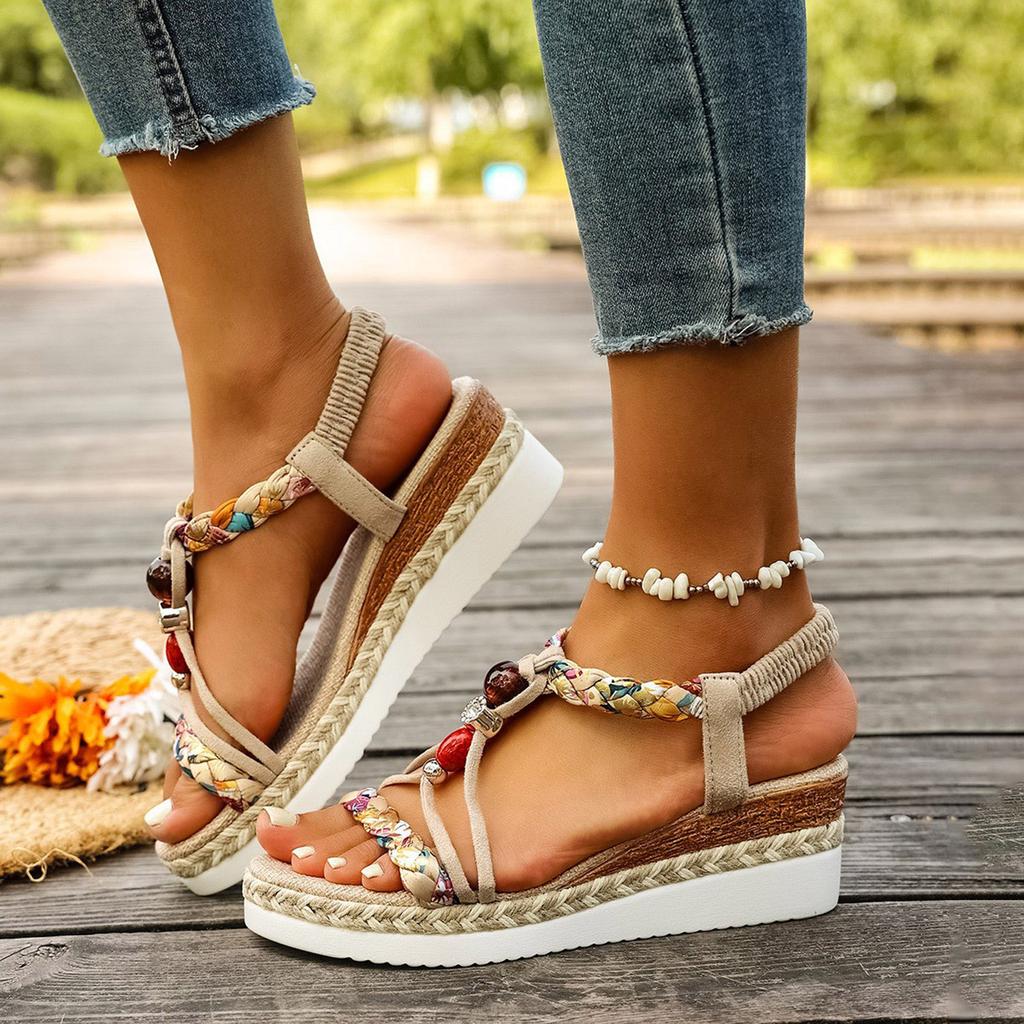 Thick Soled Women'S Bohemian Shoes Fashion Casual Braided Strap Wedge Sandals For Women Beach Sandals For Women Dressy Summer