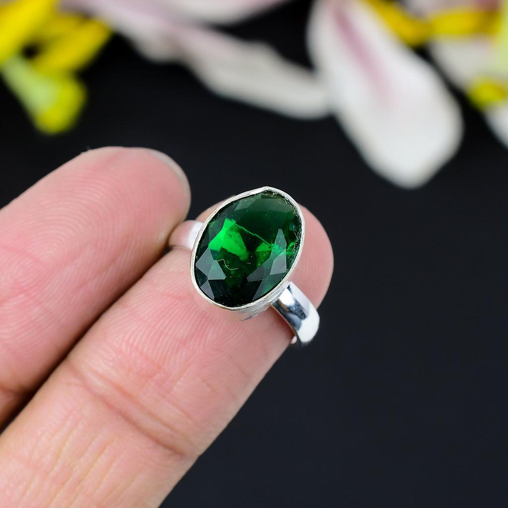 Chrome Diopside Gemstone Handmade 925 Sterling Silver Jewelry Ring Size 8 KG-360