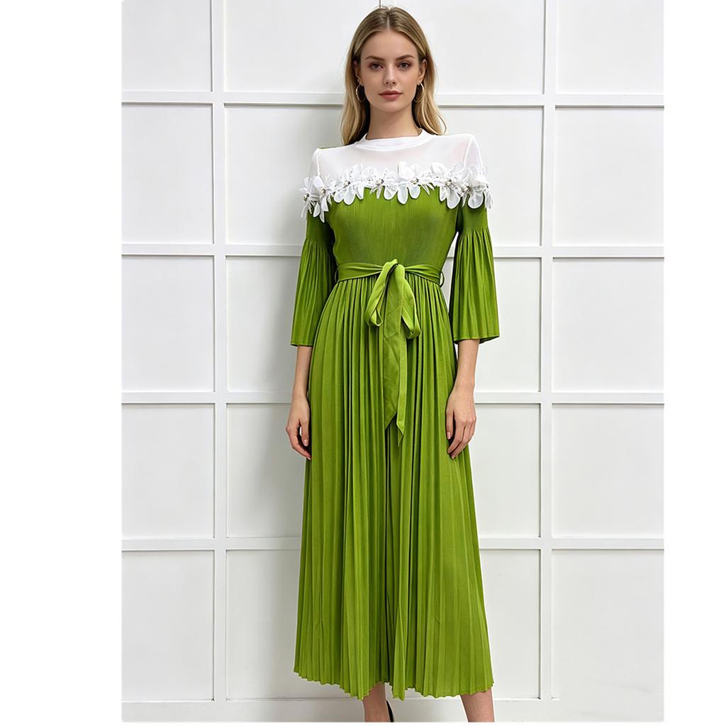 Miyake Pleated Lace-Panel Midi Dress Summer for Women 3/4 Sleeve Casual 3D Flower Appliques Print Vacation Midi Sundresss