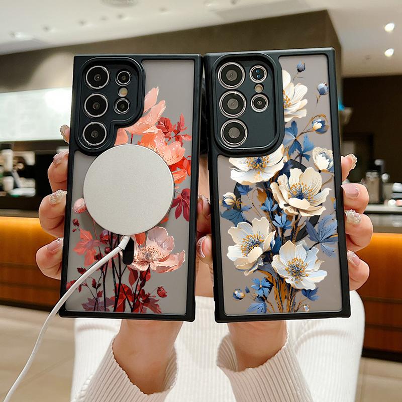 

Для Samsung S24 S22 Ultra Plus S23 Fe противоударный цветочный узор для Magsafe, магнитный прозрачный акриловый жесткий чехол с мягкими краями Samsung S24 розовый