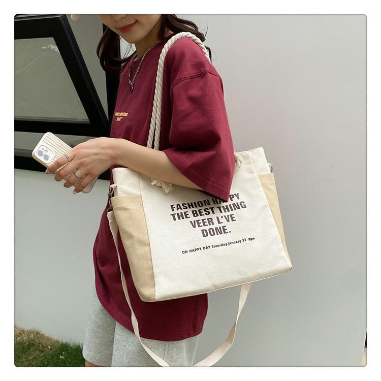 Women Canvas Tote Bag Large Capacity Shoulder Crossbody Bag Casual Letter Print Handbag Rope Handle Shopping Travel Tote