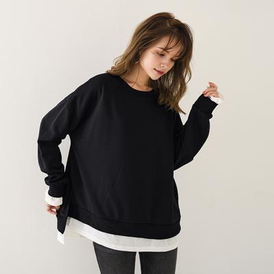 Moletom feminino gola redonda manga comprida cor sólida ajuste solto pulôver tops falso duas peças design de fenda lateral casual esporte tops