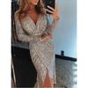 Women Sexy Gold Foil V Neck Long Sleeve Slit Bodycon Midi Evening Party Dress