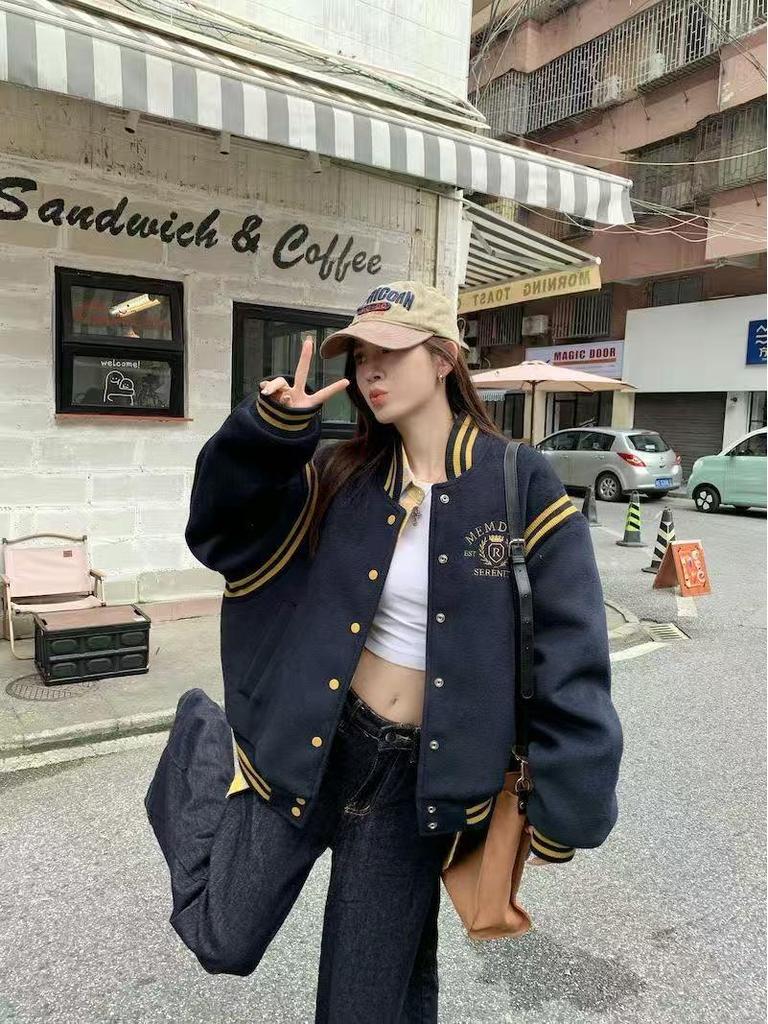Unisex Retro Embroidered Color Block Baseball Jacket - Slimming & Versatile for Autumn/Winter