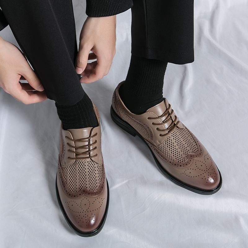 Derby Shoes Men PU Splicing Hollowed Out Lace Up Block Carved Breathable Professional Wear-resistant Business Formal Men Shoes