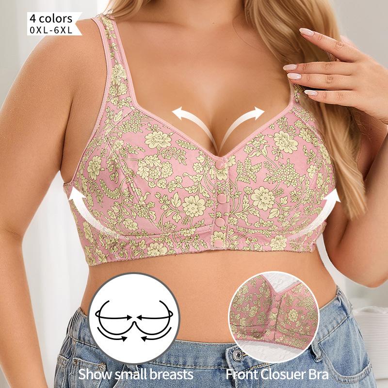 CINOON Women's Plus Size Floral Front Button Wireless Bra Wide Straps No Pad Full Coverage Side Support Comfy Breath Daily Bra L-6XL