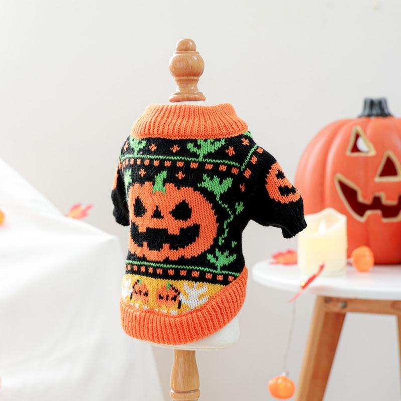 Pumpkin Pattern Pet Sweater Knitwear for Small Dog Cats Pullover Costume 2 Leg Clothes For Halloween Party Cold Weather
