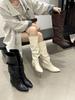But Knee Boots Women's French White Pointed Tip Pleated Thin Small Inner Height Increasing Stacking Boots