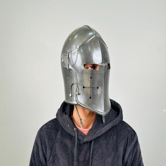 Grey Barbuta Helmet Medieval Knight Armor 18g Mild Steel LARP Cosplay Halloween Costume Barbuta Visored Warrior Helmet