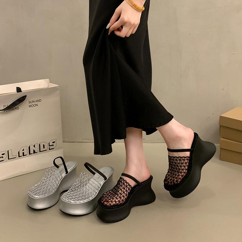 French Muffin Platform Sandals Women's 2025 New Hollow Breathable Wedge Heel Half Slippers Small Height-increasing Cool Slippers