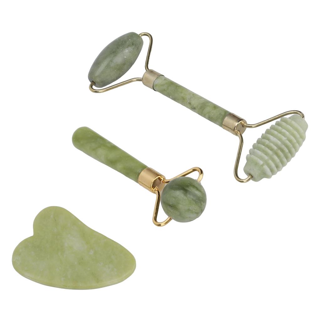 3pcs Jadestone Face Roller Portable Skin Lifting Firming Beauty Guasha Board Face Massage Roller Set